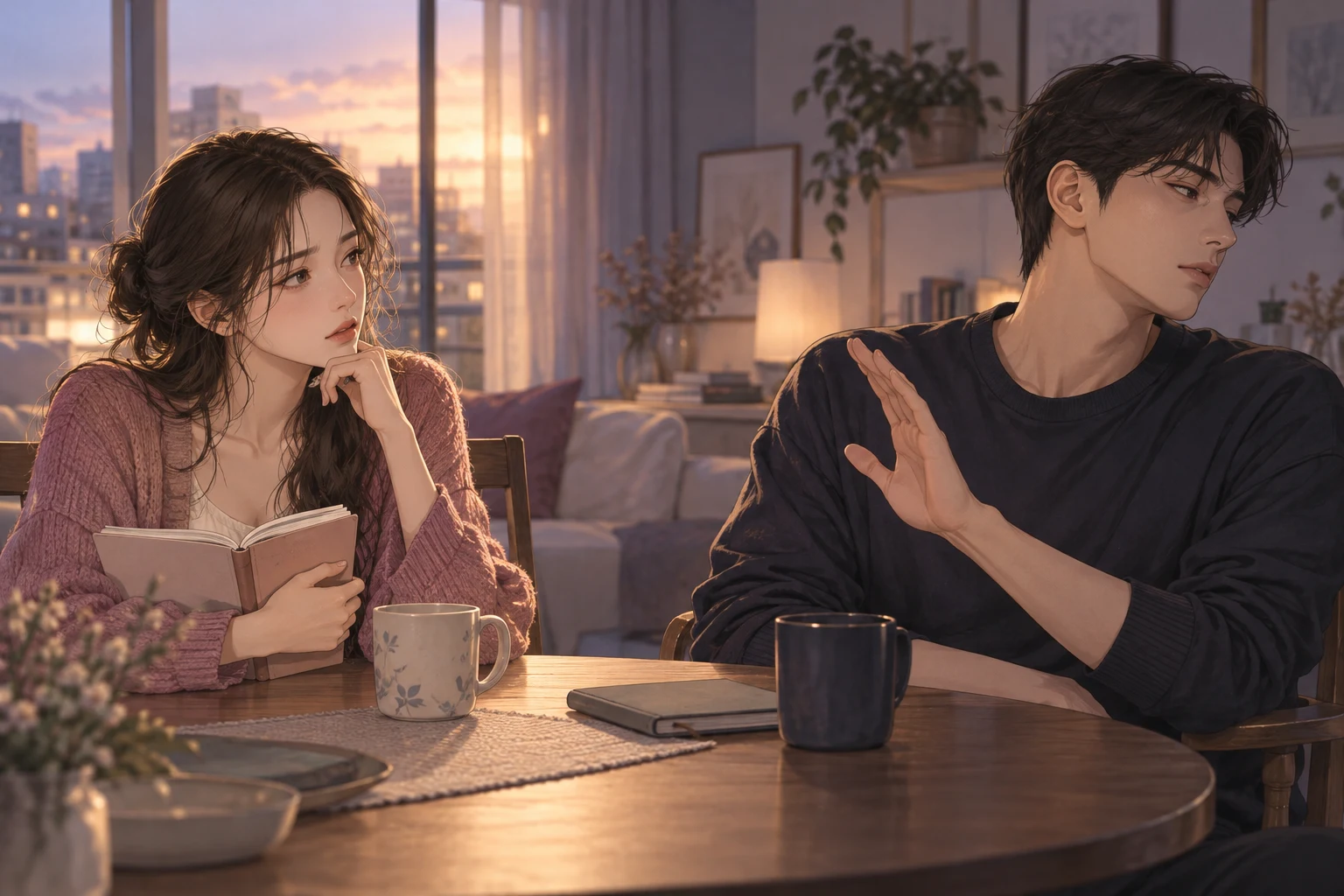 자신의 기록을 되짚는 사람과 대화를 회피하는 상대를 그린 가스라이팅 검사 일러스트